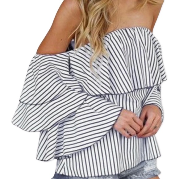 Striped Off The Shoulder Tiered Blouse - Picture 4 of 8